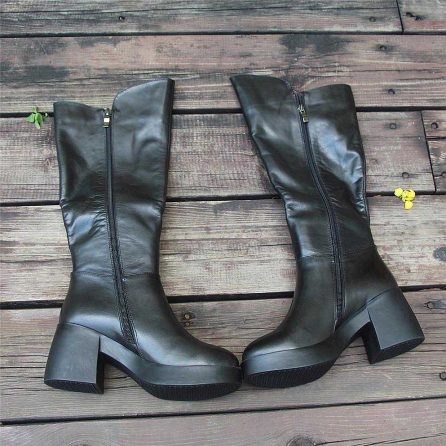 Dwarves Women Leather Handmade Knee-Length Boots With Chunky Heel Short Plush Lining