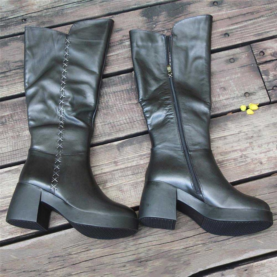 Dwarves Women Leather Handmade Knee-Length Boots With Chunky Heel Short Plush Lining