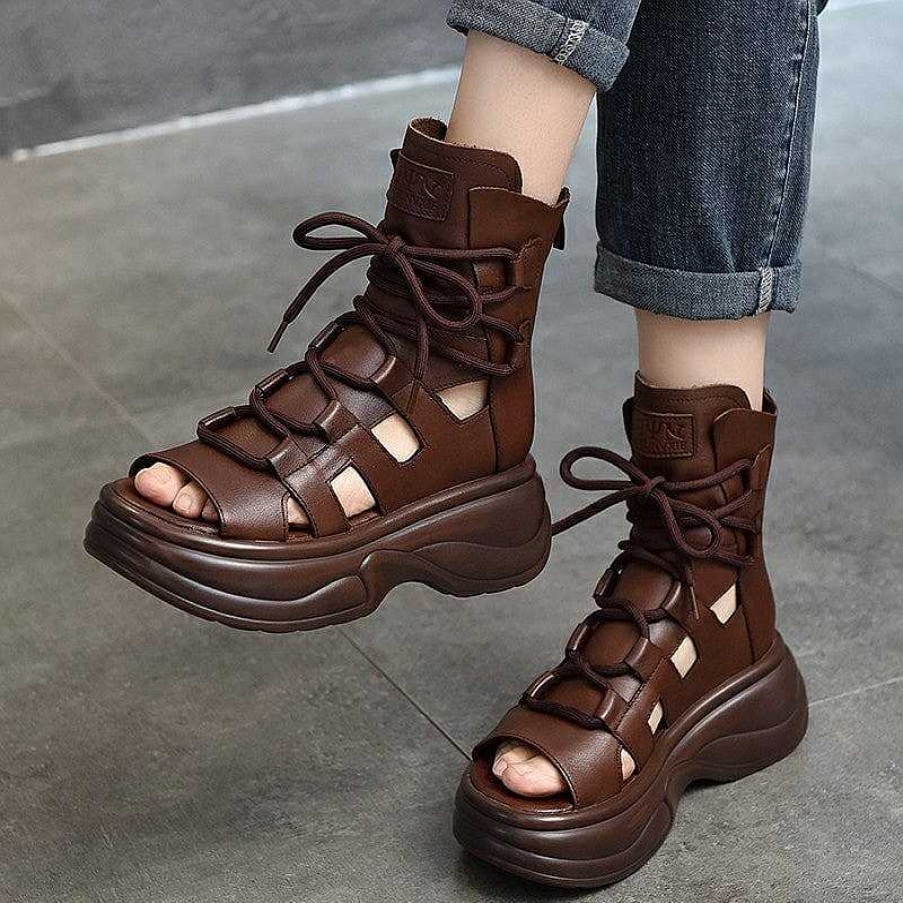 Dwarves Genuine Leather Chunky Sandals Lace Up Retro Peep Toe Gladiator Sandals In /