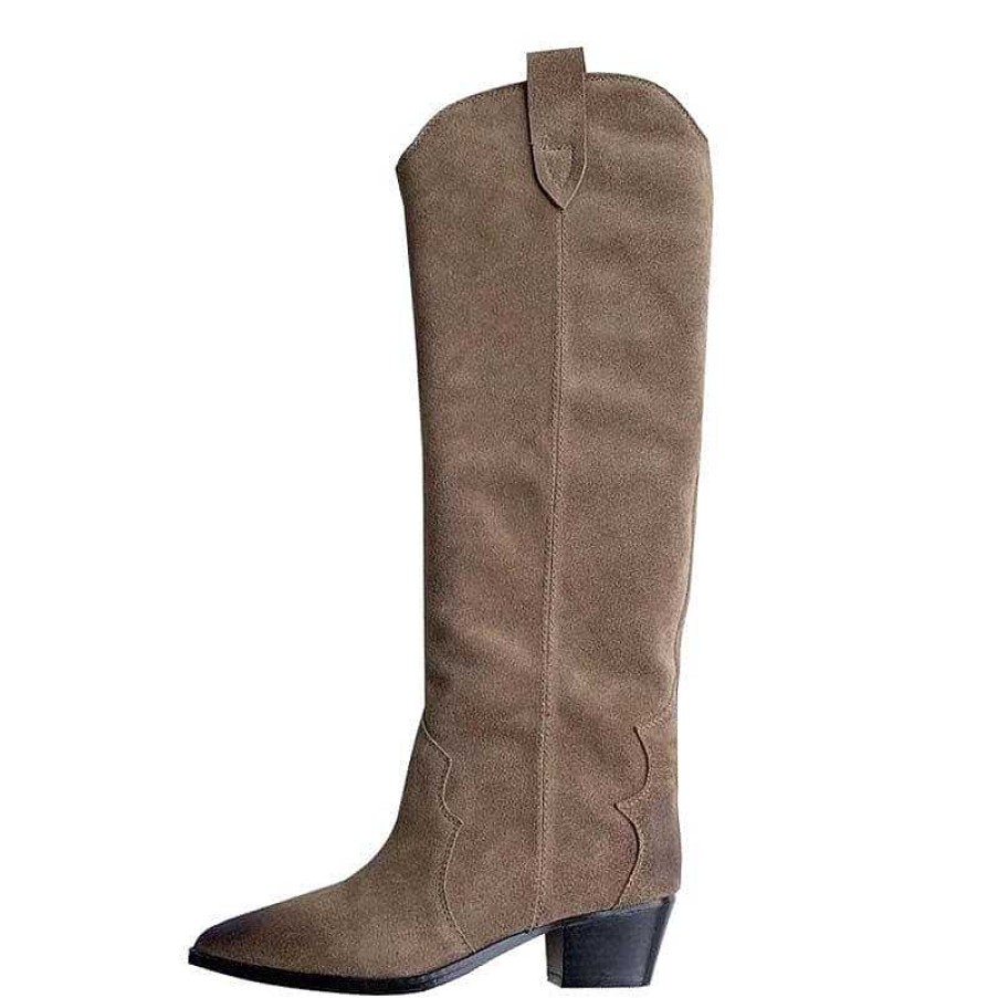 Dwarves Womens Western Suede Knee High Boots Block Heel - Khaki/ /Grey/Brown Cowgirl Boots All Genuine Leather