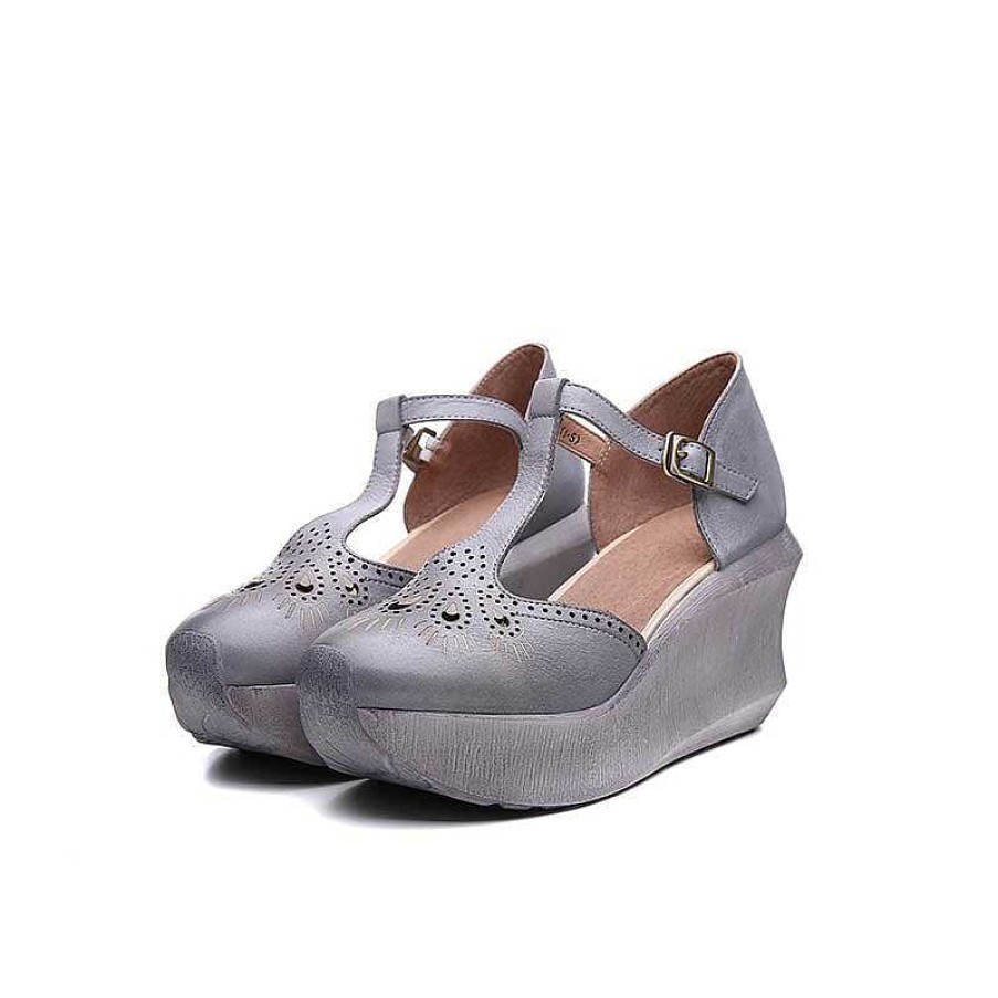 Dwarves Womens Handmade Retro Leather Cut Out Platforms Sandals In /Grey