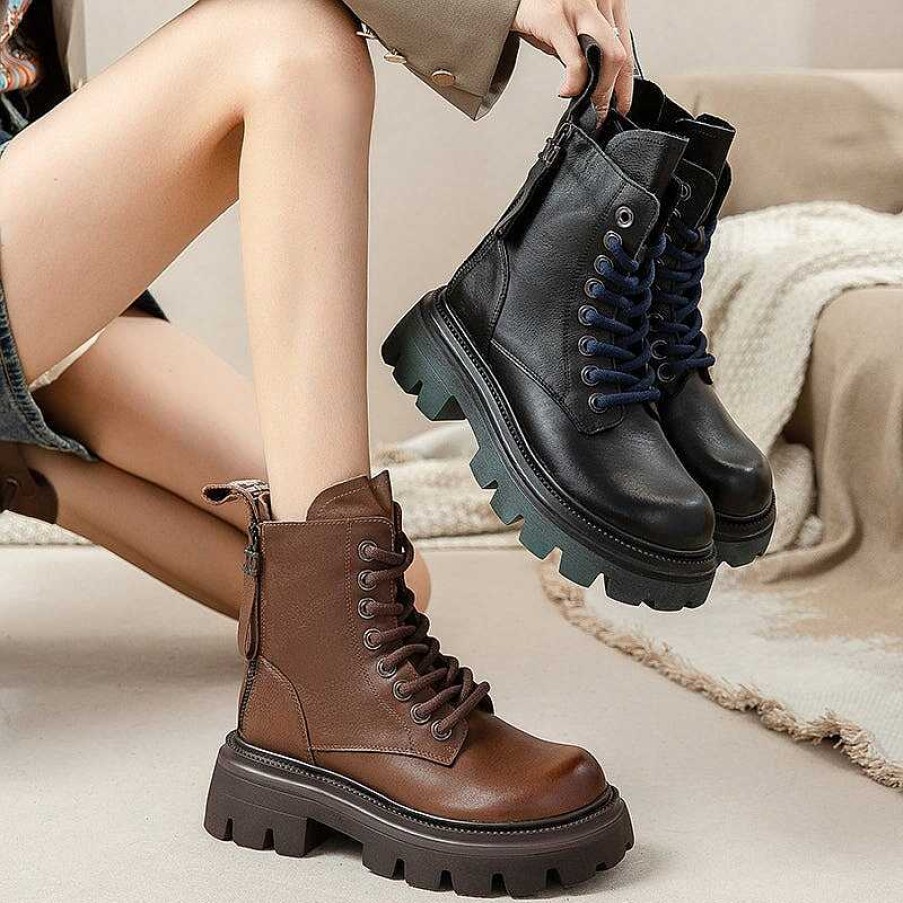 Dwarves 60Mm Platform Boots Lace Up Leather Martin Boots Round Toe Combat Boots In /