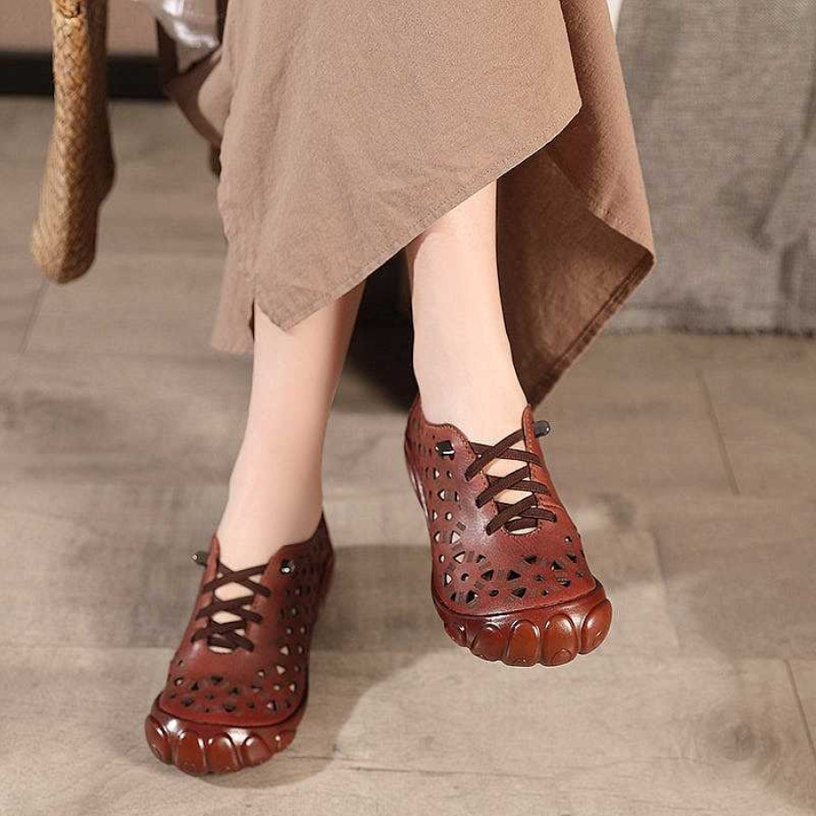 Dwarves Mori Girl Shoes Leather Handmade Flats Hollow Pattern Soft Sole Comfortable Mary Jane /