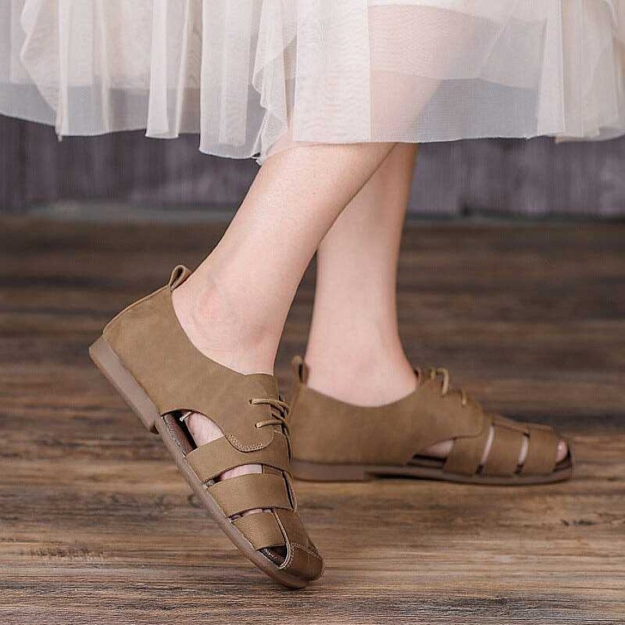 Dwarves Retro Woven Leather Shoes For Women Soft Bottom Lace Up Sandals