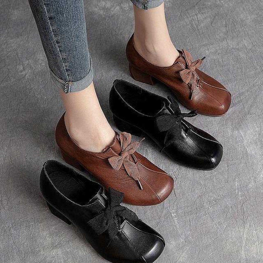 Dwarves Retro Leather Shoes Handmade Square Toe Chunky Heel For Women /