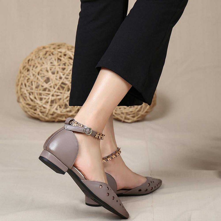 Dwarves Handmade Flat Sandals Women Genuine Leather Hollow Out Pointed Toe Buckle Strap Ladies Summer Shoes