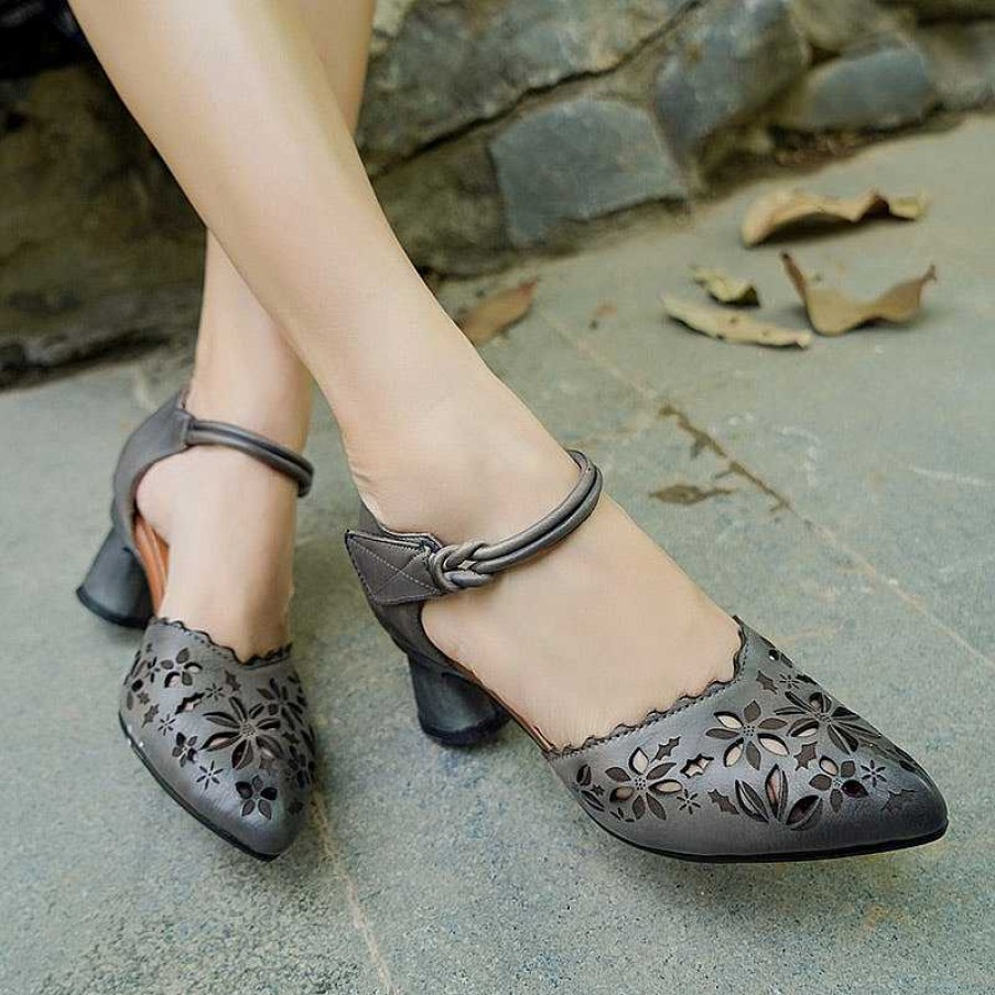 Dwarves Women Handmade Leather Pumps Flowers Ankle Strap Formal Office Shoes For Women Original Design /