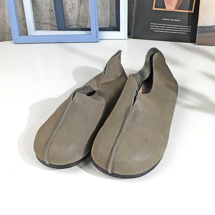 Dwarves Loafers For Women Comfort Leather Handmade Casual Dress Shoes Soft Bottom Flats Khaki/