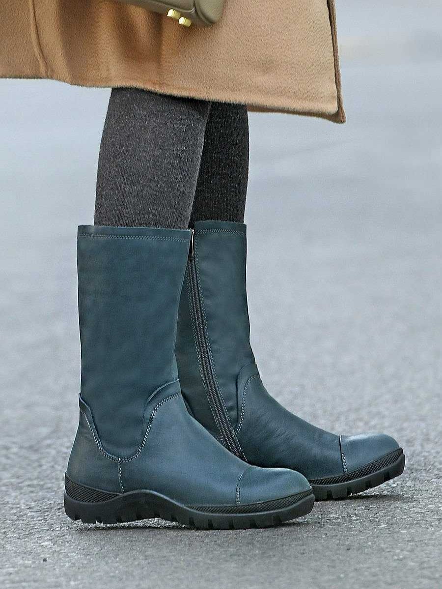 Dwarves Wide Fit Handmade Leather Side Zip Calf Length Boots For Cold Winter Designer Shoes Black/Blue