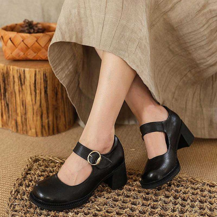 Dwarves Handmade Leather Pumps Mary Jane Heels Sandals Womens Round Toe Retro Velcro Sandals /