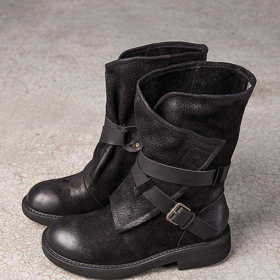 Dwarves Womens Retro Leather Mid Calf Boots For Winter Buckles Boots In / /