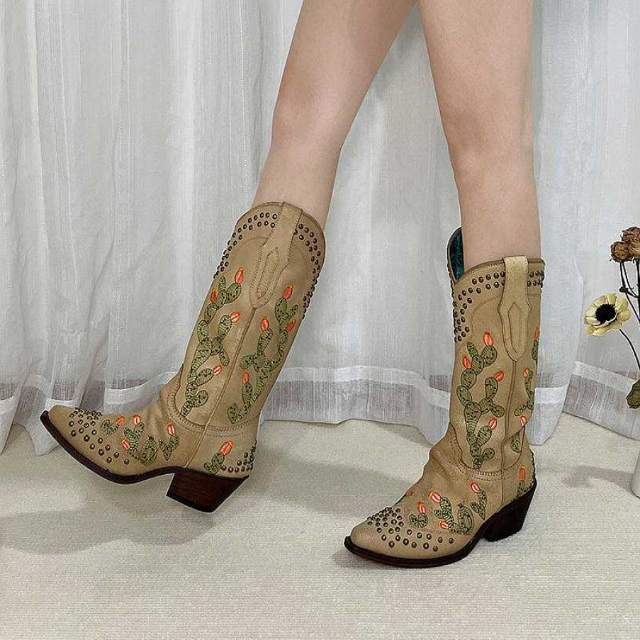 Dwarves Womens Western Embroidered Boots Rivet Decorate Contrast-Stitching Cowboy Boots