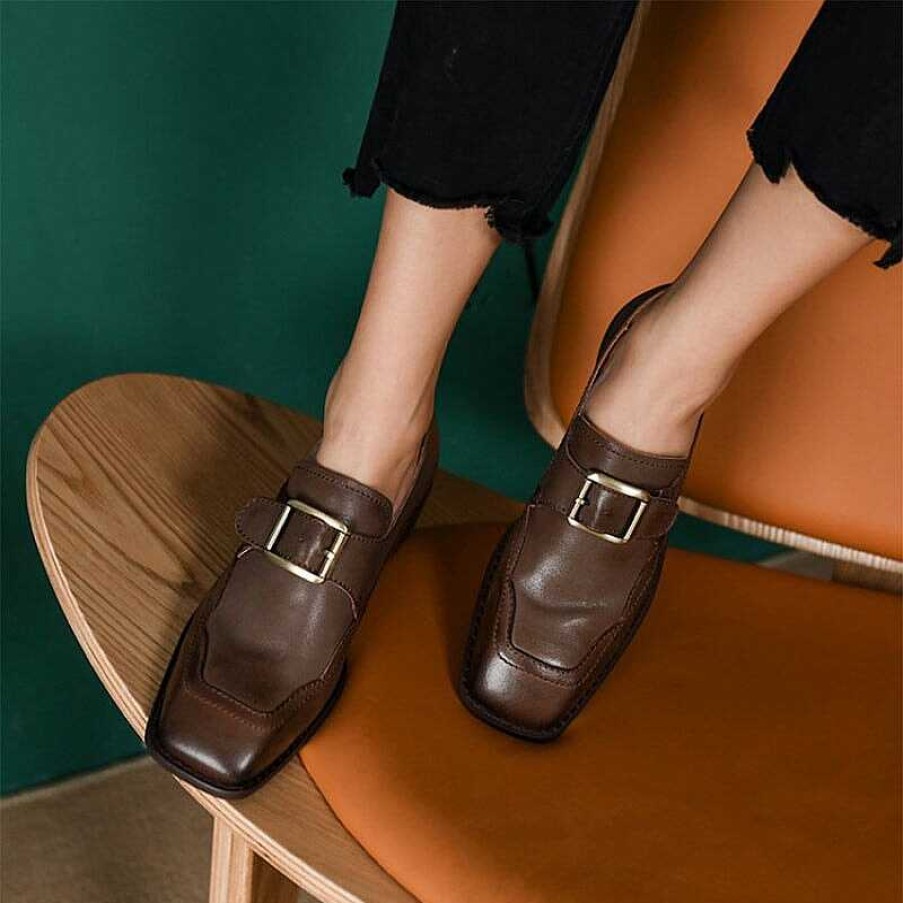 Dwarves Leather Loafers For Women Block Heel With Metal Buckle Details In /