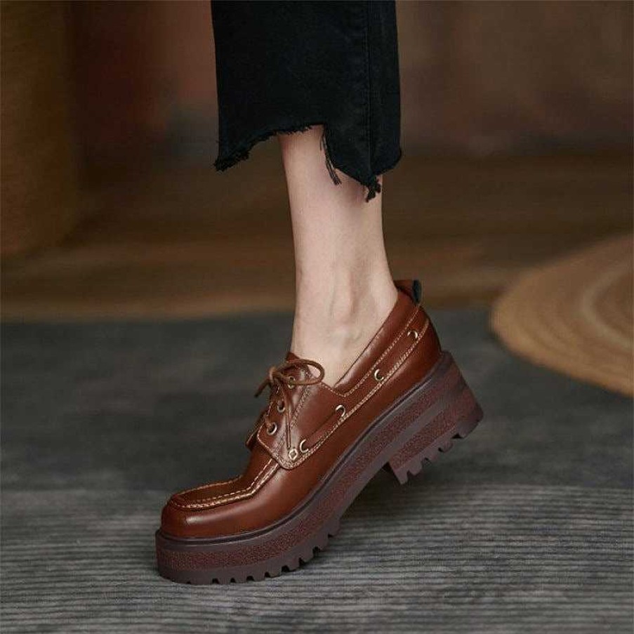 Dwarves Platform Shoes Women Genuine Cow Leather Round Toe Sewing Lace-Up Flats Chunky Sole Ladies Derby Shoes Handmade