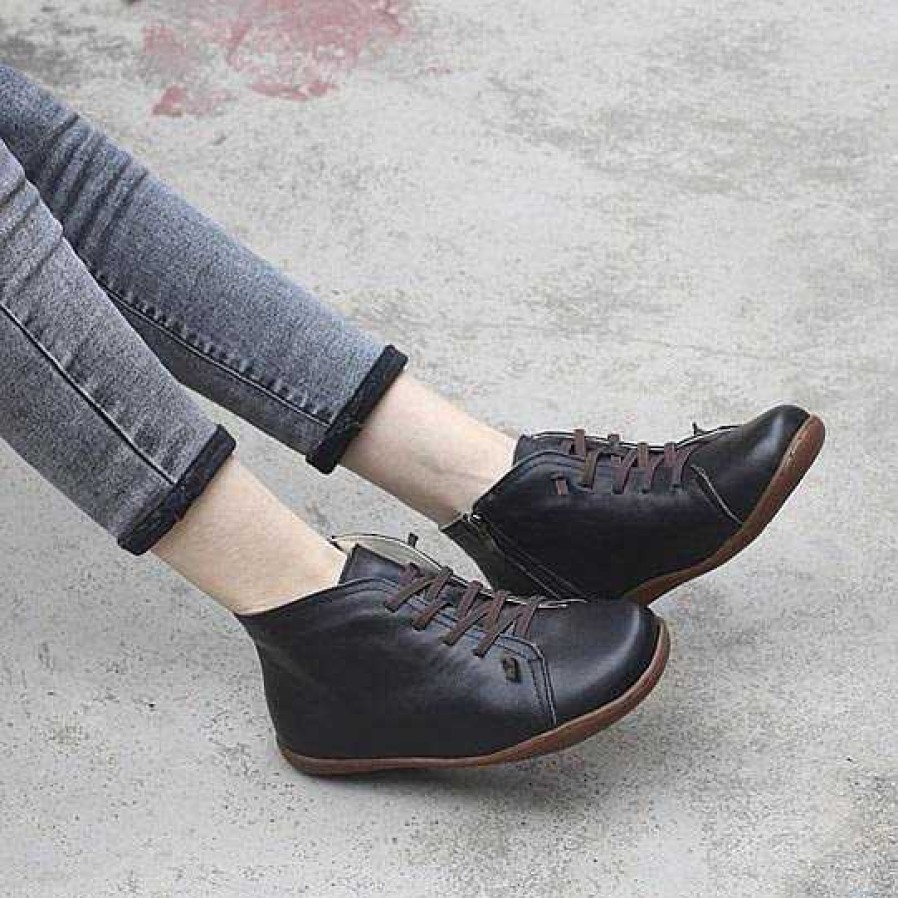 Dwarves Retro Women Leather Ankle Boots Casual Walking Boots Soft Sole Flats Oxford Booties