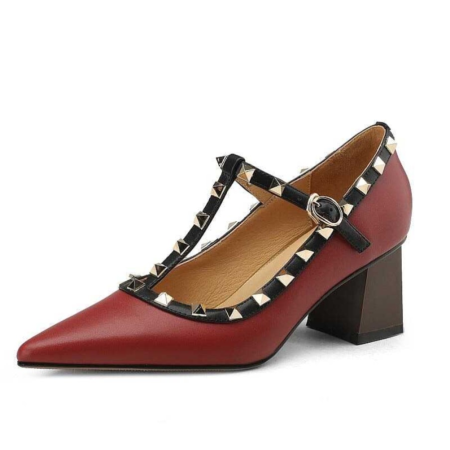 Dwarves Leather T Strap Rockstud Ankle-Strap Pumps Mary Jane Point Toe In /