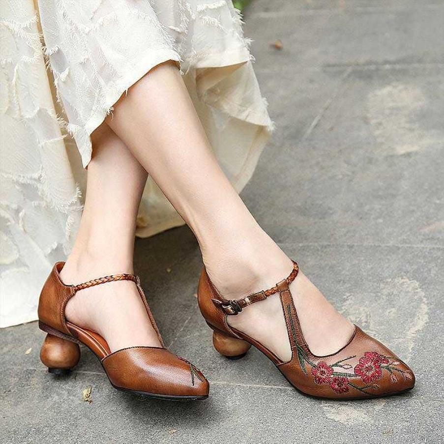 Dwarves Handmade Genuine Leather Embroidered Retro Pointed Toe Strappy May Jane Pumps In /