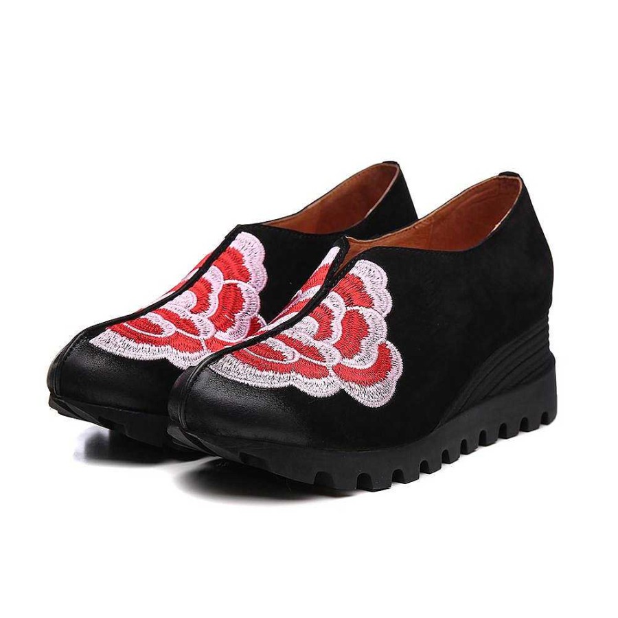 Dwarves Retro Embroidery Nubuck Leather Platform Shoes For Women Chunky Shoes Designer Shoes