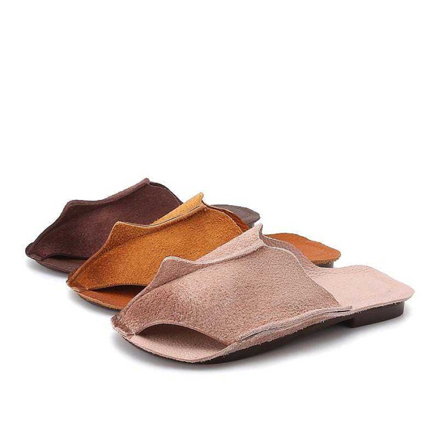 Dwarves Handmade Hollow Out Retro Leather Mules Women Slippers Mori Girl Flat Casual Summer Slippers /Wine Red/Khaki