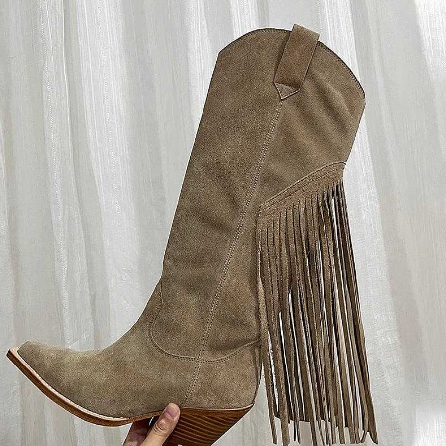 Dwarves Womens Suede Leather Knee High Boots 65Mm Block Heel Tassels Cowboy Boots In