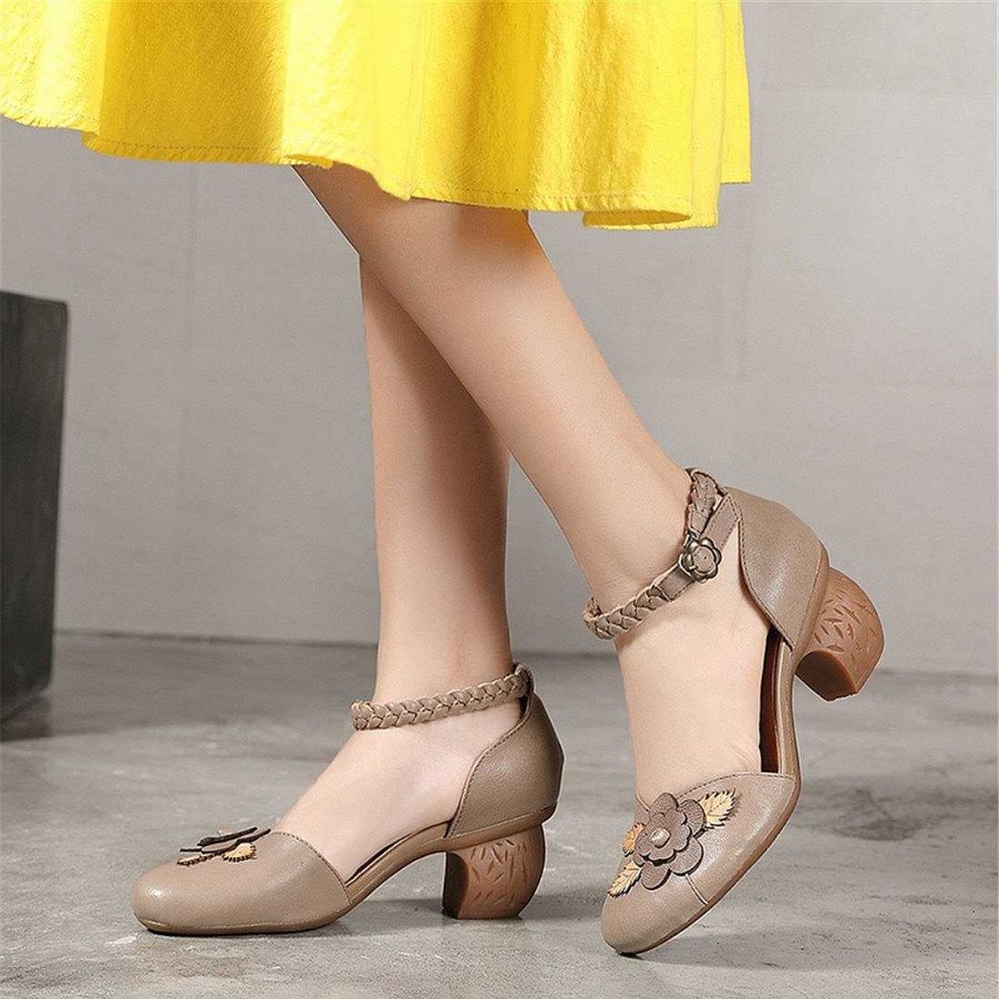 Dwarves Elegant Pumps Women Leather Classic Round Toe Ankle Strap Sandals Thick Heels Green