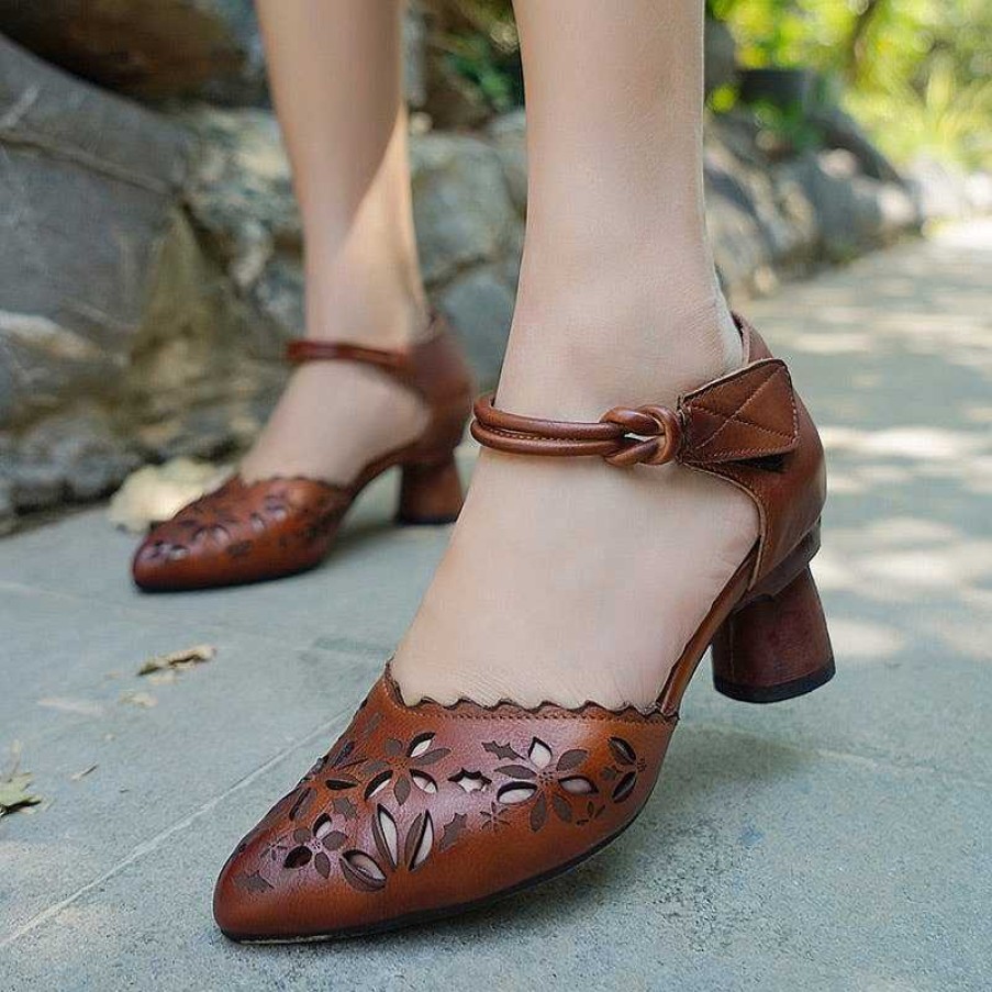 Dwarves Women Handmade Leather Pumps Flowers Ankle Strap Formal Office Shoes For Women Original Design /