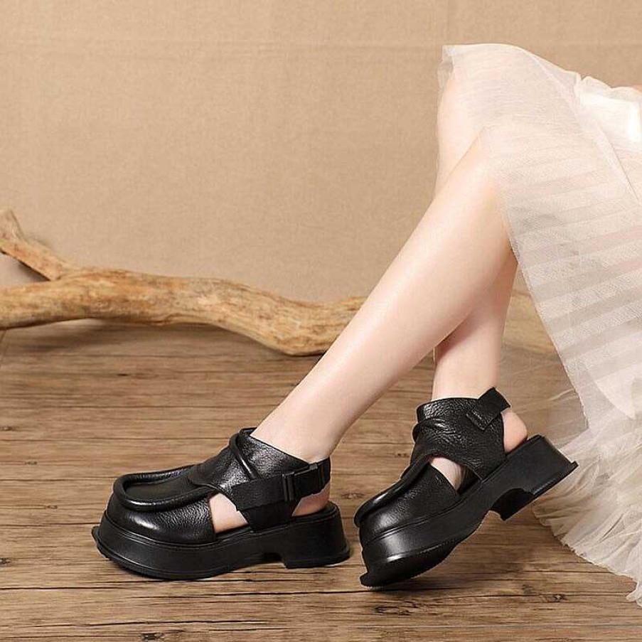 Dwarves Genuine Leather Platform Slingback Sandals Side Button Retro Block Heel In /