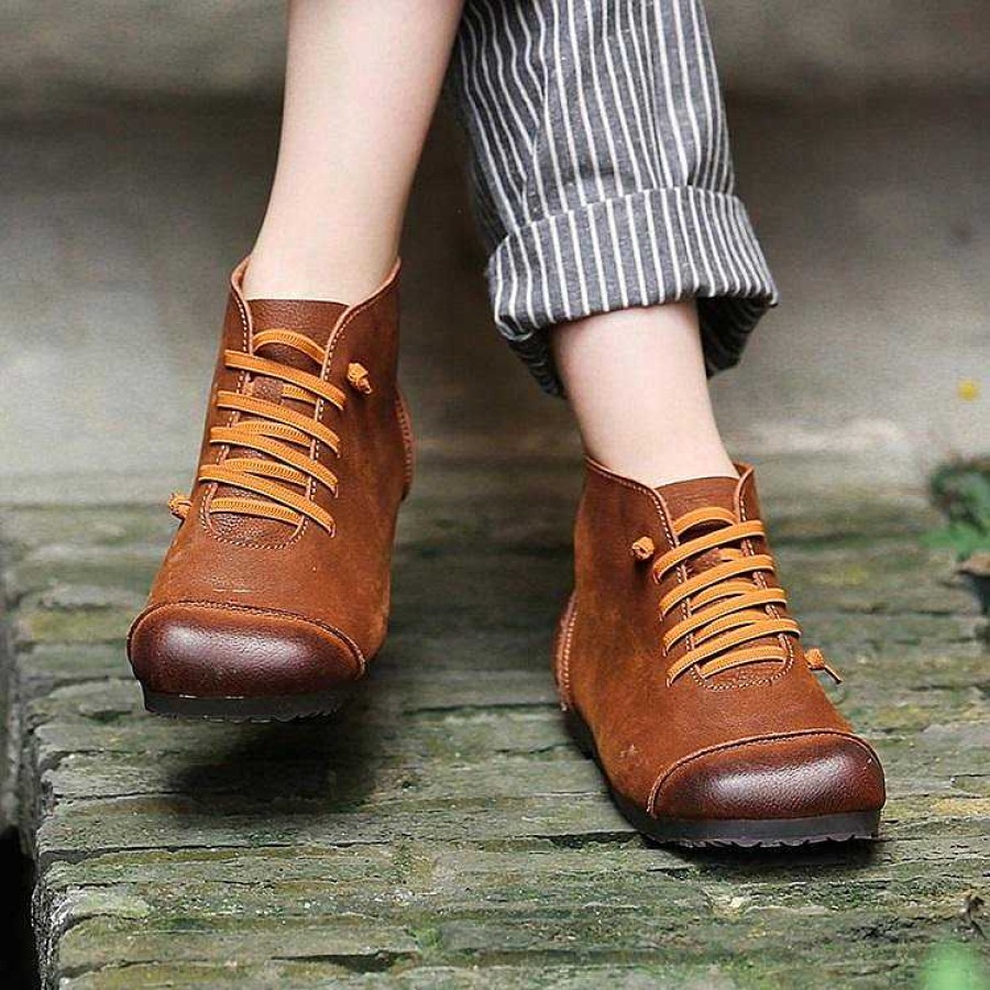 Dwarves Women Ankle Booties Handmade Leather Low-Heel Square Toe Flat Riding Boots /