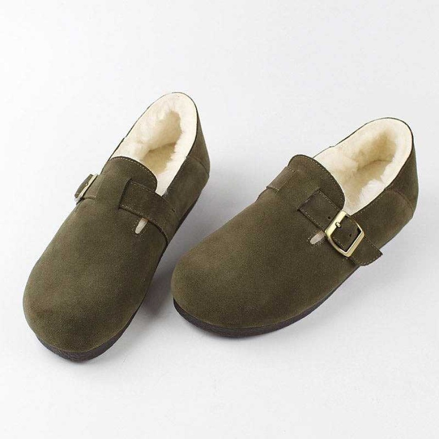 Dwarves Buckle-Fastening Soft Shoes Retro Suede Leather Fleece Lined Loafers For Women