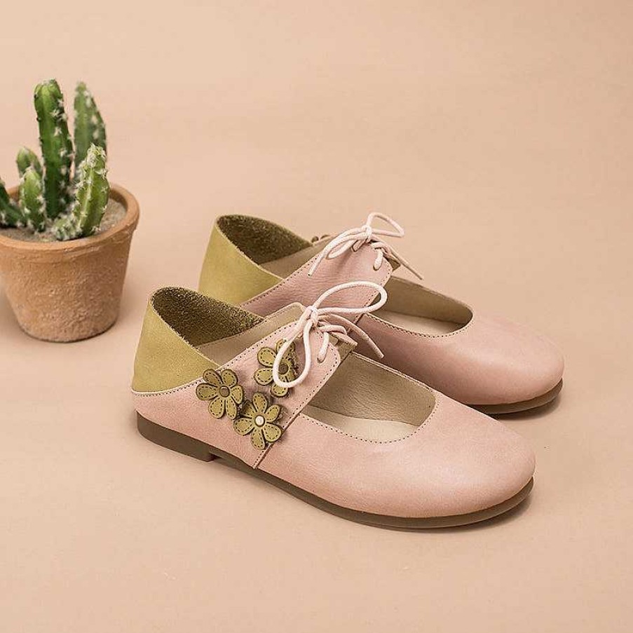 Dwarves Soft Leather Mary Jane Flats Handmade Flowers Details /