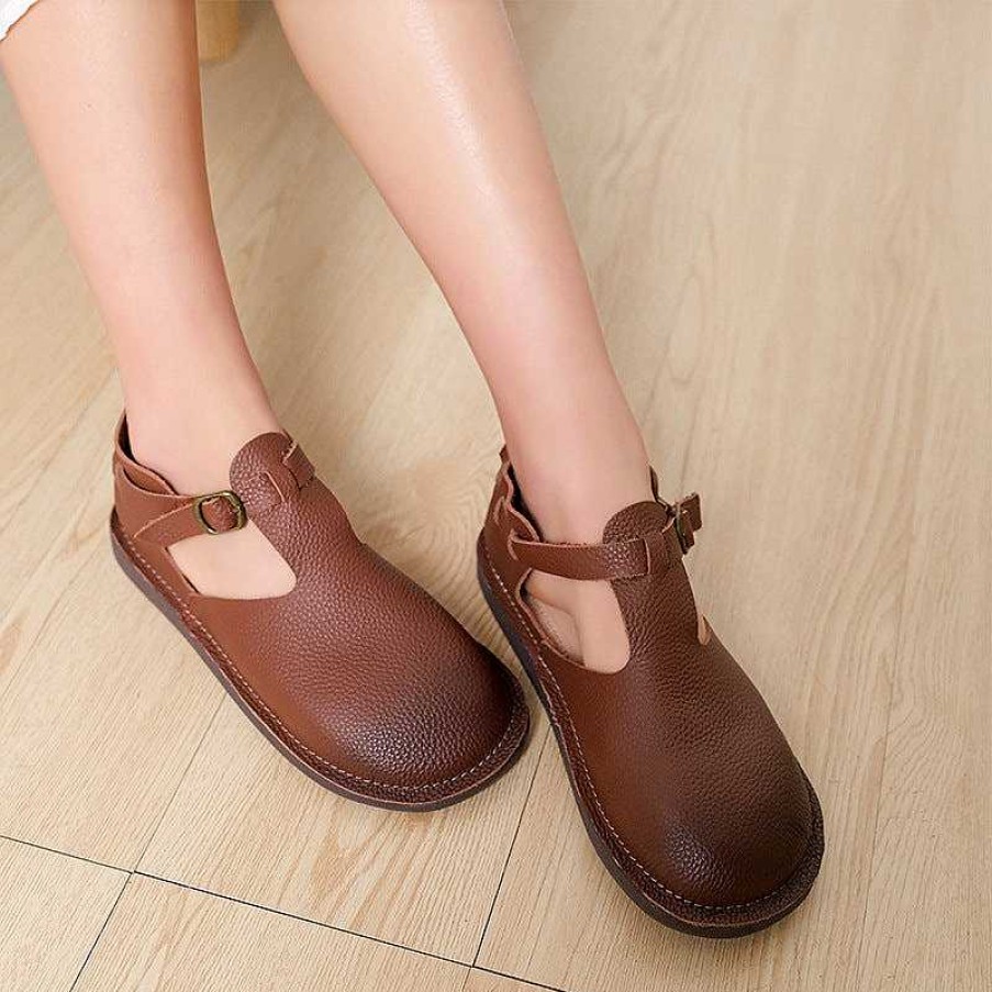 Dwarves Middle English-Handmade Leather T-Strap Mary Jane Shoes For Womens /