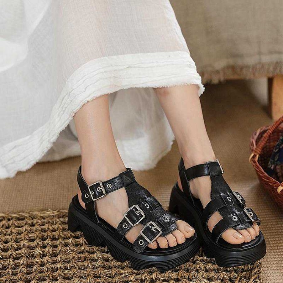 Dwarves Genuine Leather Comfy Platform Sandals For Lady Buckle Flatforms /