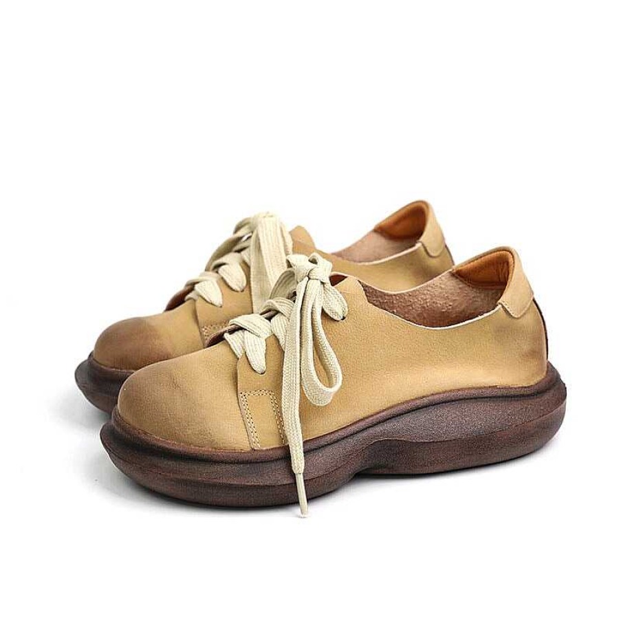 Dwarves Soft Leather Lace-Up Casual Shoes Retro Platform Oxfords In Beige/Coffee