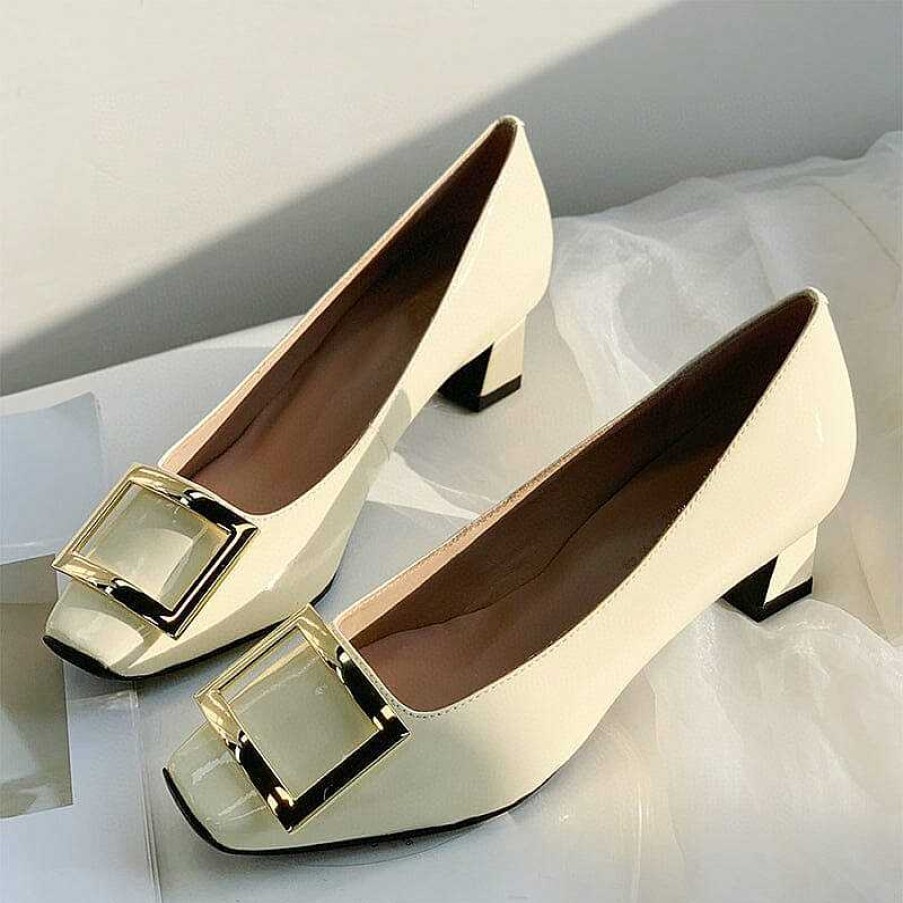 Dwarves Classic Handmade Leather Block Heel Pumps In / / / Square Button Design