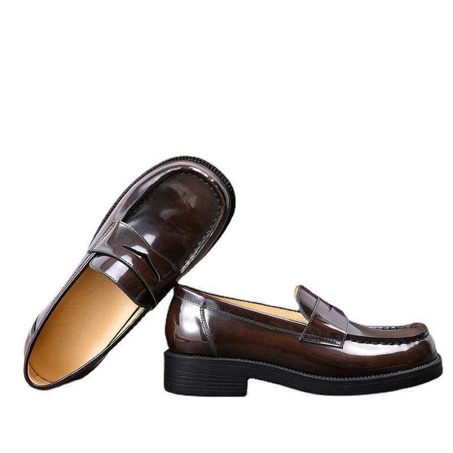 Dwarves Enamel Leather Penny Loafers Handmade Working Shoes / 3Cm Heel