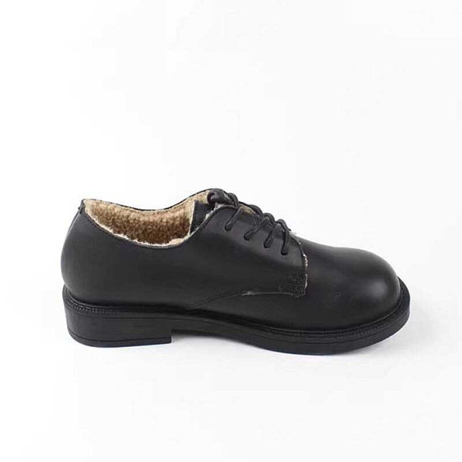 Dwarves Retro Lace Up Leather Shoes Round Toe Shearling Lined Oxford Shoes Black