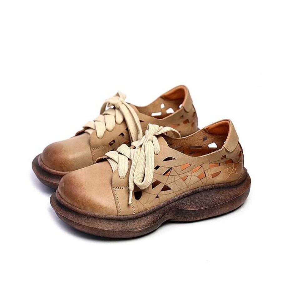 Dwarves Soft Leather Lace-Up Casual Shoes Retro Platform Oxfords In Beige/Coffee