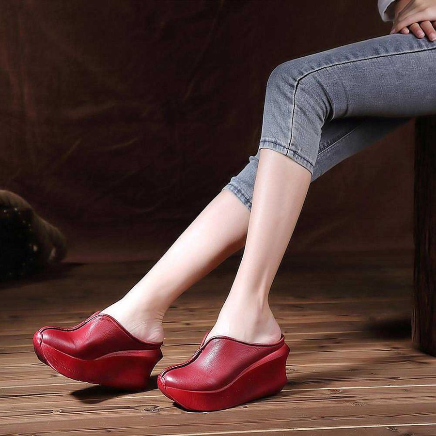 Dwarves Women Handmade Retro Leather Platforms Wedges Slippers Red/