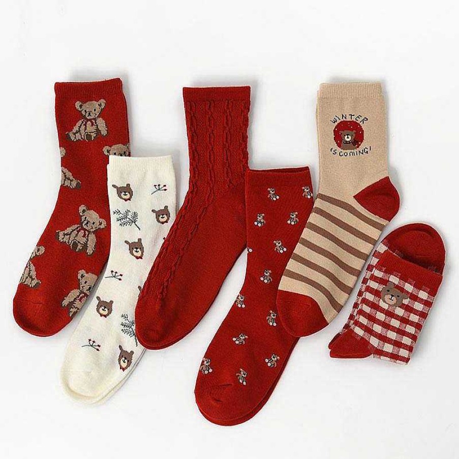 Dwarves Red Bear Retro Cotton Stockings Calf Length Christmas Gifts Series 6 Pairs