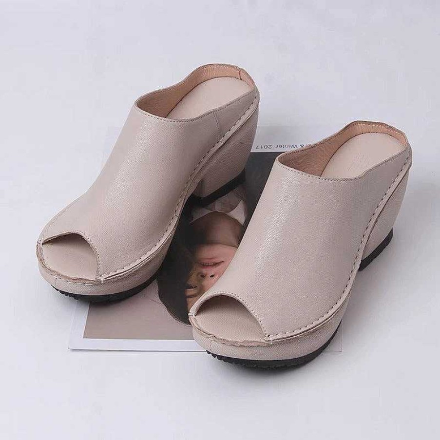 Dwarves Genuine Leather Block Heel Slippers For Women Peep Toe Slingbacks Sandals In /