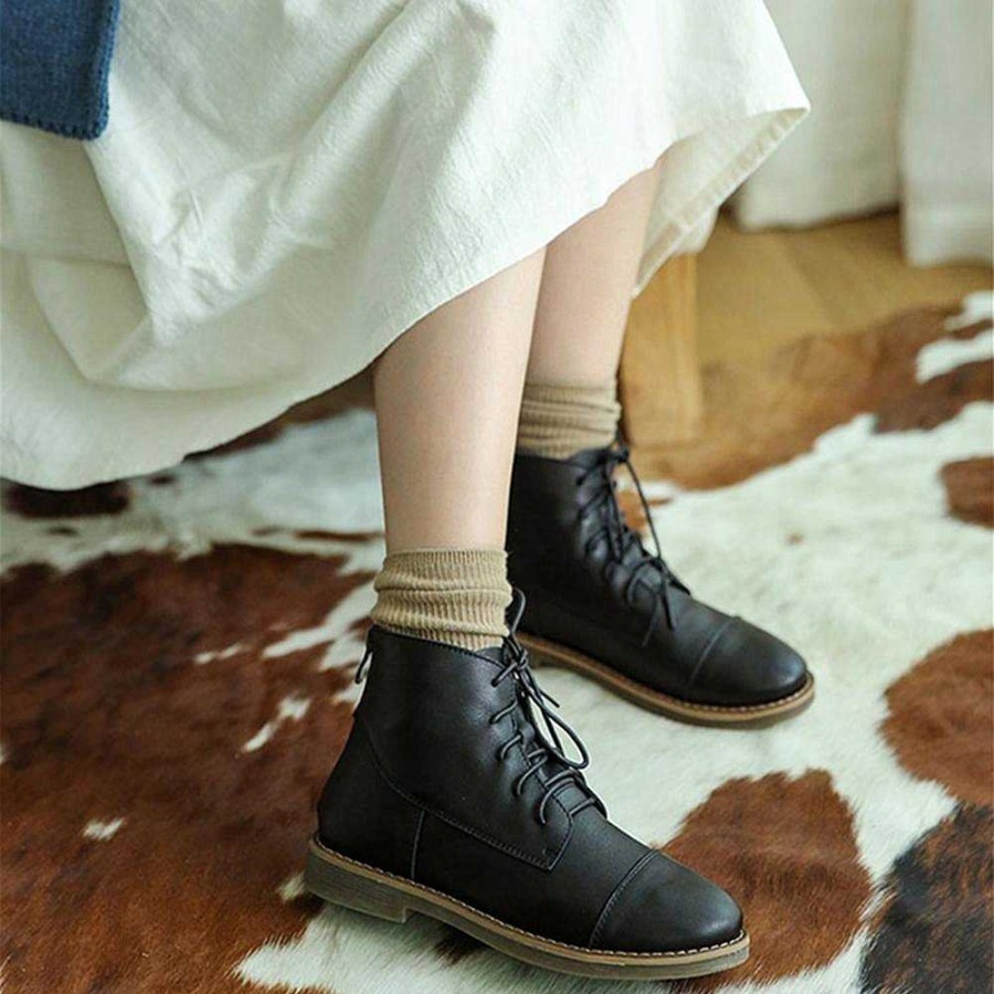 Dwarves Retro Leather Women'S Martin Boots Handmade Lace-Up Round Toe Flat Ankle Booties /