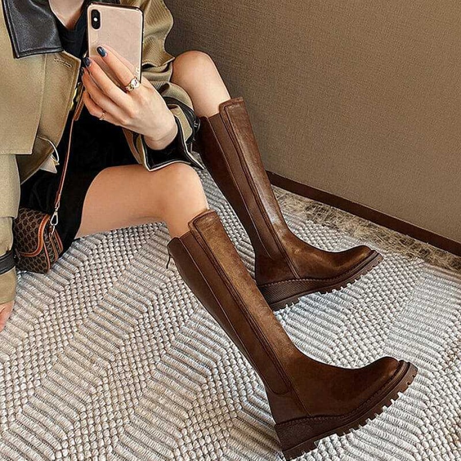 Dwarves Chunky Knee High Boots Riding Boots For Women In Black/Brown Leather