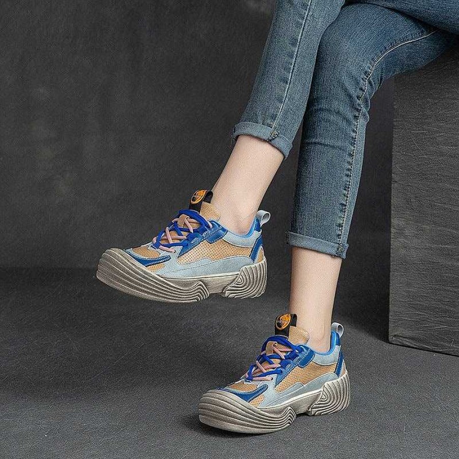 Dwarves Leather Chunky Sneakers For Women Low-Top Lace Up Contrast Color In /