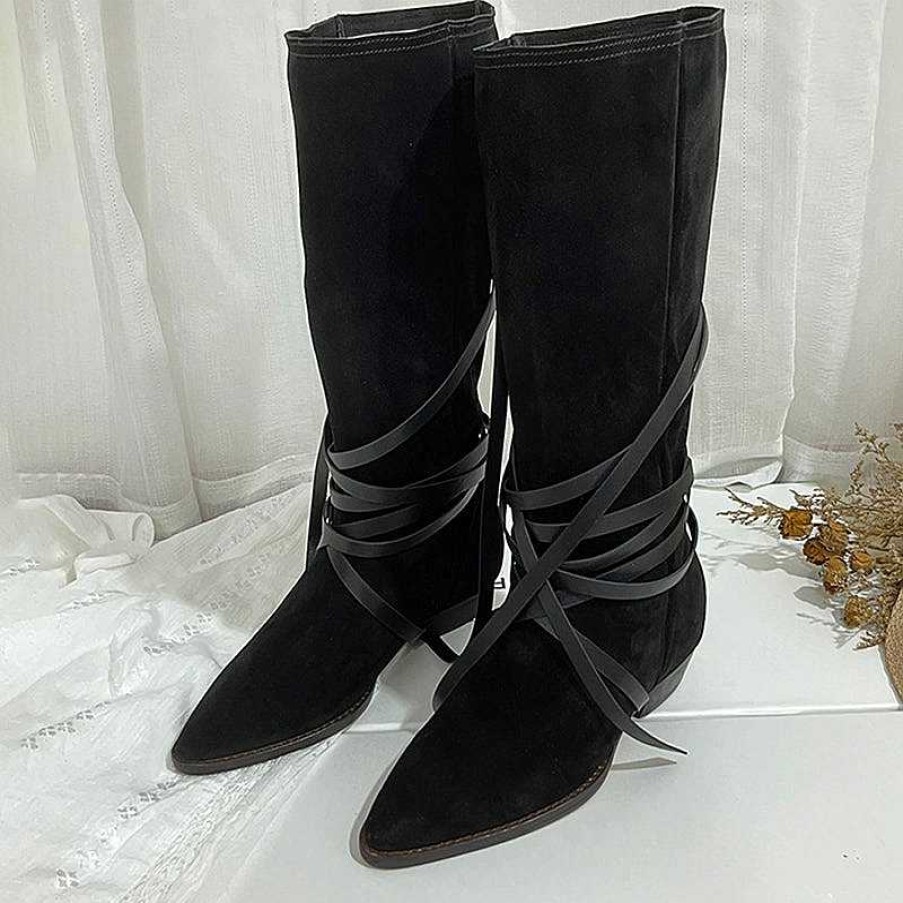 Dwarves Womens Leather Mid Calf Western Boots In Black/Khaki/Brown/Tan - Slouchy Suede Boots Point Toe