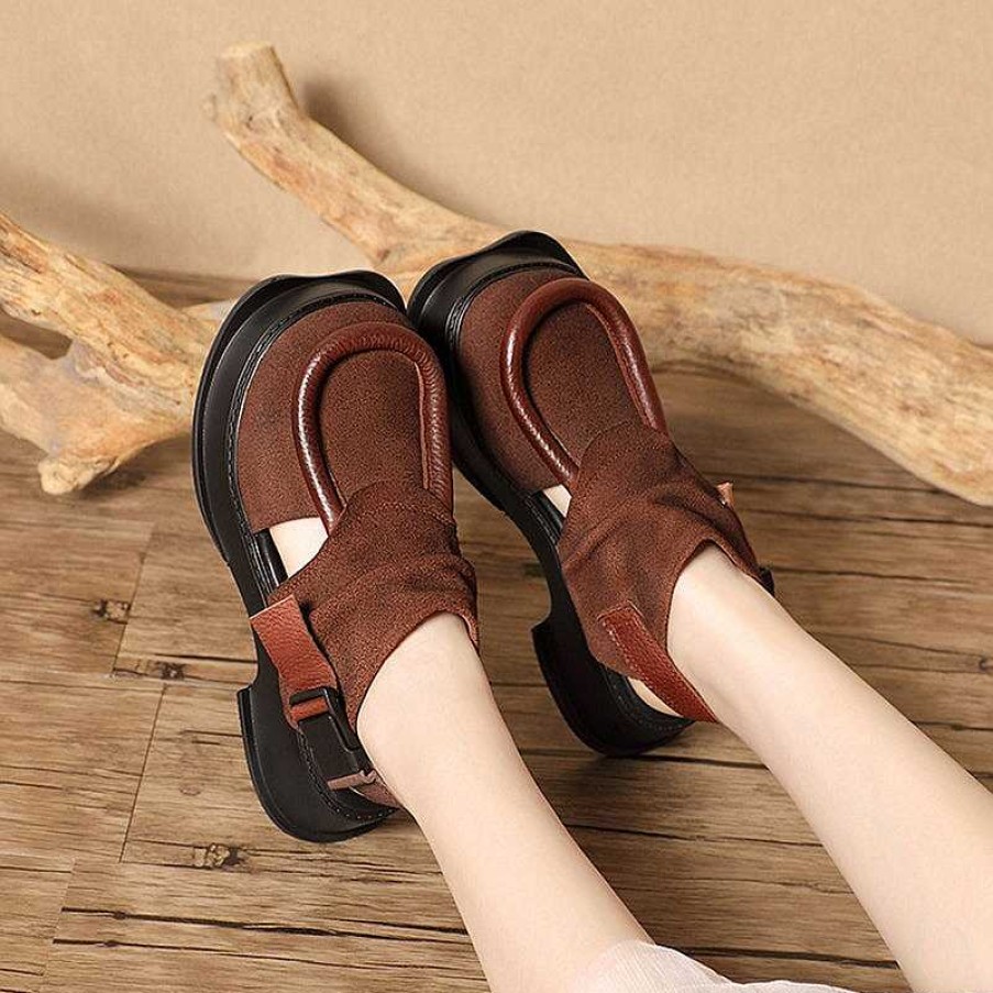 Dwarves Genuine Leather Platform Slingback Sandals Side Button Retro Block Heel In /