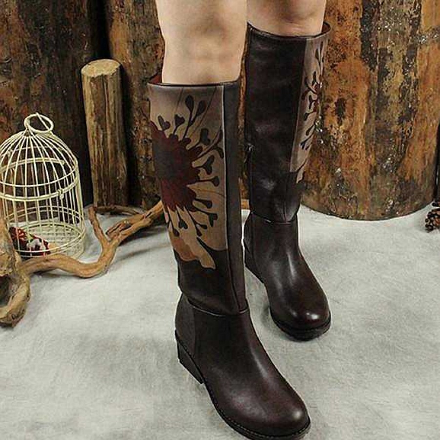 Dwarves Handmade Leather Knee High Boots Block Heel Biker Boots Retro Flowers