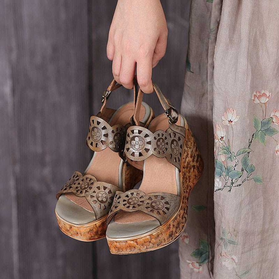 Dwarves Handmade Strappy Leather Retro Peep Toe Wedges Sandals /