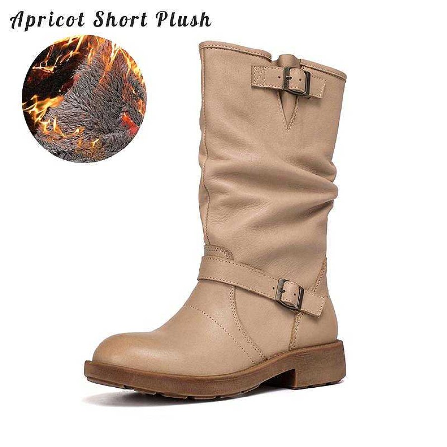 Dwarves Waxing Leather Mid Calf Boots Fold Design Riding Boots Short Plush Lined Or Leather For Choice / /