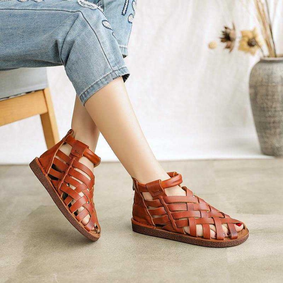 Dwarves Handmade Leather Gladiator Sandals Retro Woven Open-Toe Flat Shoes In / /