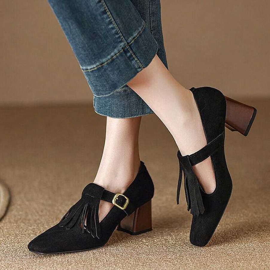 Dwarves Handmade Suede Leather Pumps Mary Jane T Strap Square Toe Tassels Details In /